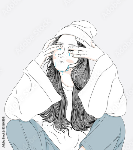 Woman is crying to be disappointed in personal stories.Doodle art concept,illustration painting