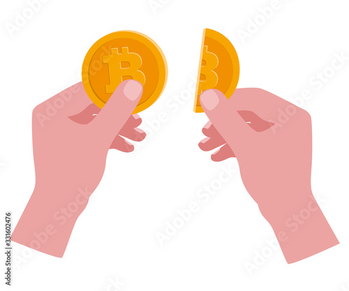 A whole Bitcoin coin and half a Bitcoin in human hands. Vector illustration