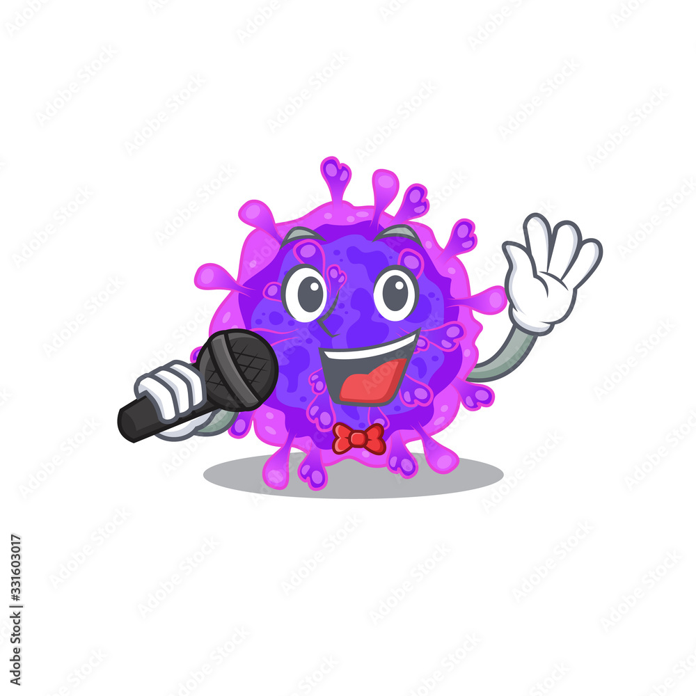 Cute alpha coronavirus sings a song with a microphone