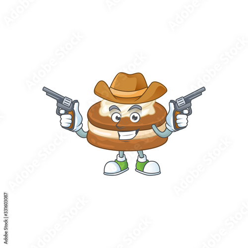 Cool cowboy cartoon design of white cream alfajor holding guns