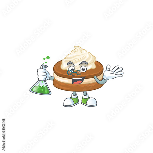 White cream alfajor brainy Professor Cartoon design grasp a glass tube