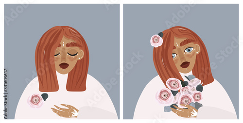 Set of spring wedding cards with a girl with tattooed hands