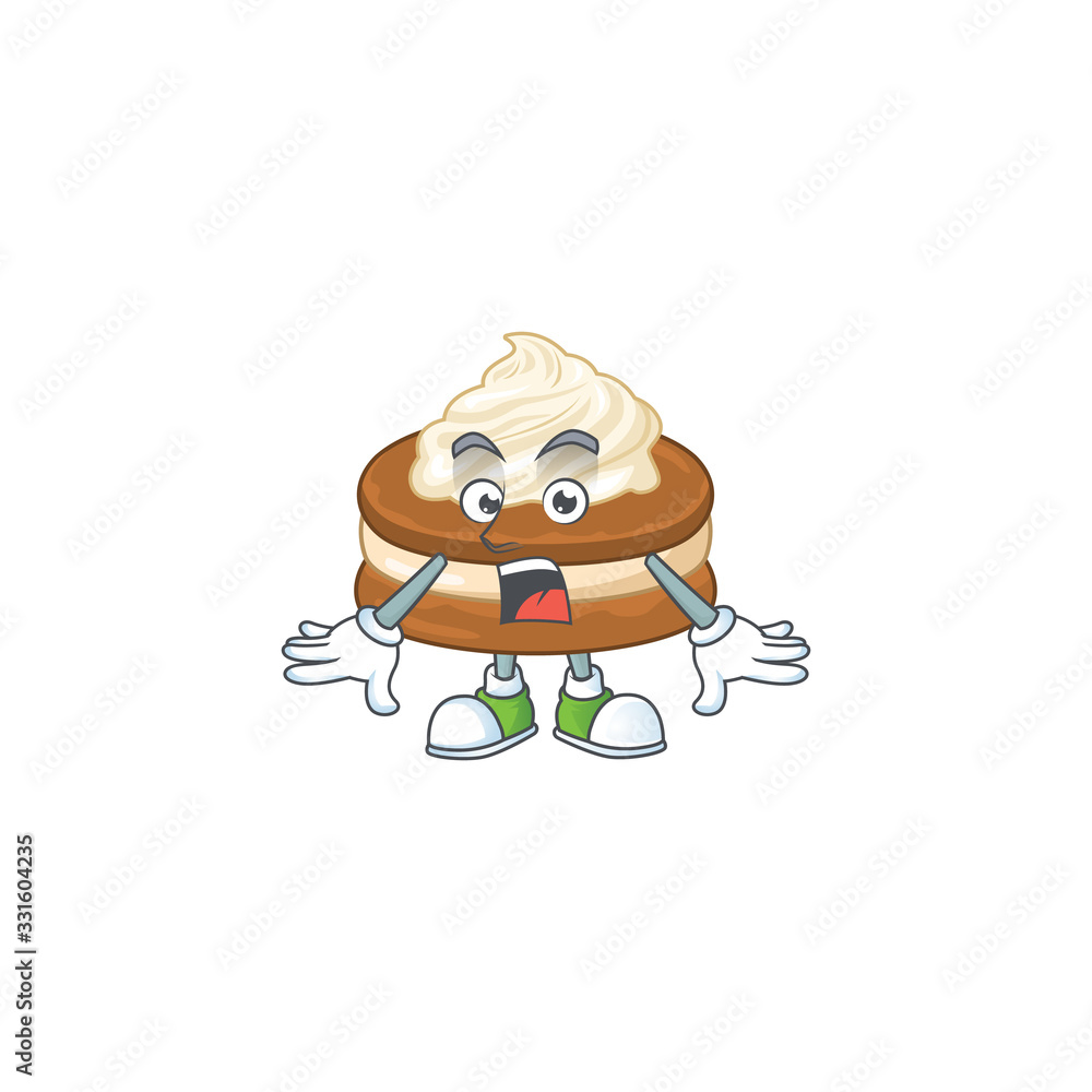 A mascot design of white cream alfajor making a surprised gesture A mascot design of white cream alfajor making a surprised gesture