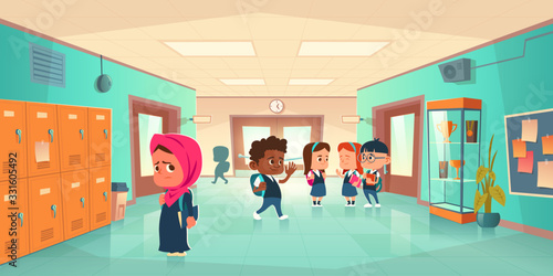Sad muslim girl in school hallway and teenagers behind her back. Vector cartoon illustration with children different nationalities. Social communication problem, bullying and racism concept