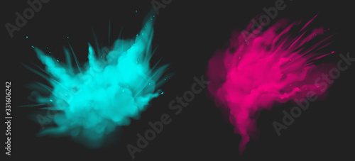 Holi paint powder color explosion realistic vector illustration. Blue and pink dust splash, spring holiday paint burst isolated on transparent, decorative element for indian fest