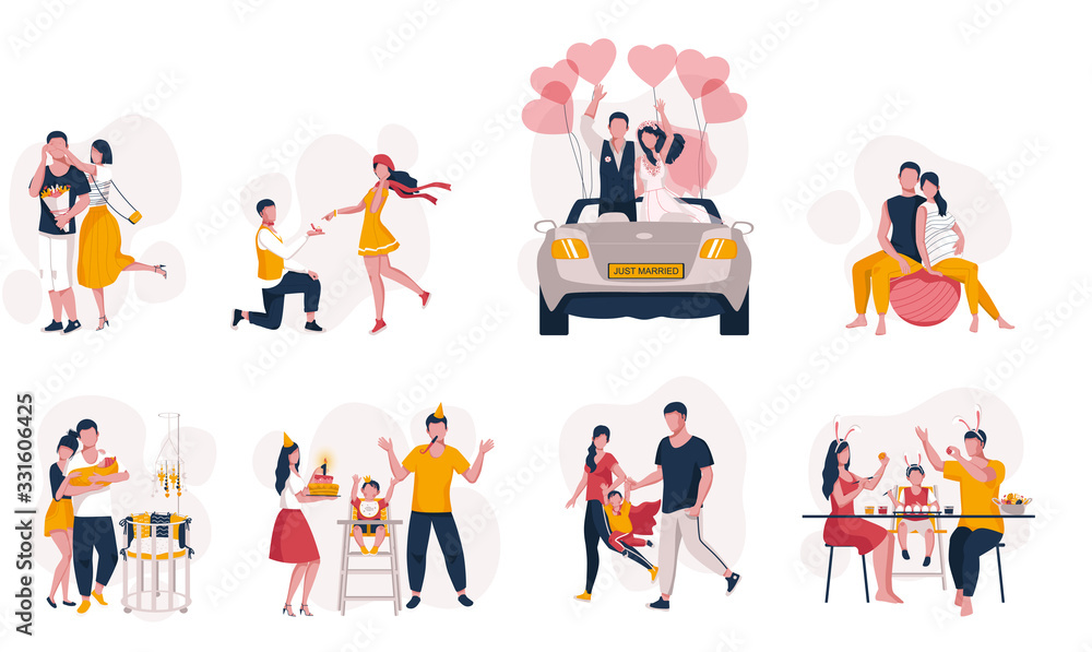 A set of family scenes. The life of a young family in vector illustrations on a white background