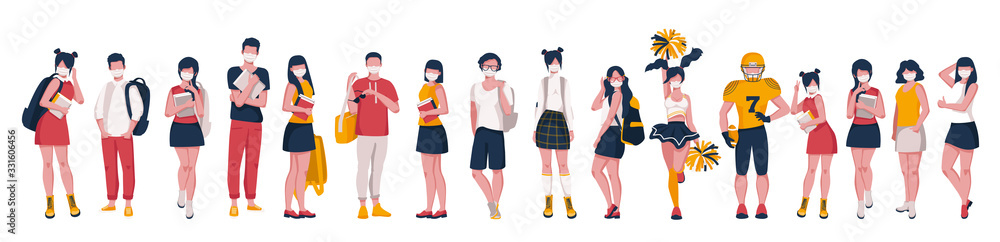A group of teenagers in medical masks with backpacks and books. Vector illustration on white background