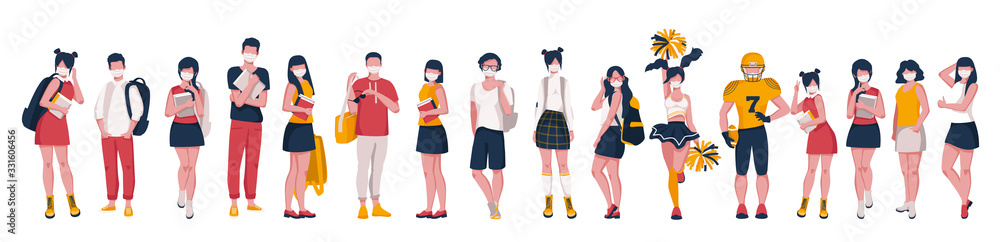 A group of teenagers in medical masks with backpacks and books. Vector illustration on white background A group of teenagers in medical masks with backpacks and books. Vector illustration on white background