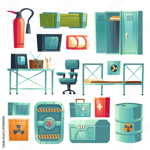 Underground bunker interior set with bed, lockers, armored door and workplace. Vector cartoon set of bomb shelter furniture for survival under nuclear war. Secret science base