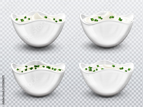 Bowl with sauce, cream, mayonnaise or yogurt with sliced green onions set. Isolated white ceramics cups with fresh dairy product, creamy cheese, sour or sweet mousse with swirl, realistic 3d vector