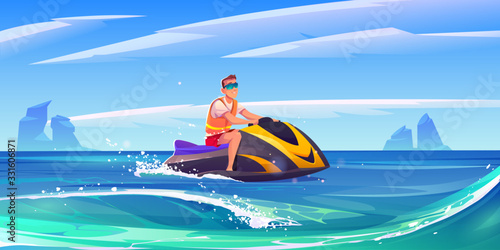 Man on jet ski in sea. Young man ride aquabike on ocean waves. Vector cartoon illustration of sea landscape with person in sunglasses on water scooter. Extreme watersport with jetski