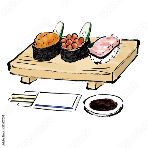 イラスト素材、イクラ、ウニ、うに、雲丹、大トロ、トロ、鮪、盛り合わせ、まぐろ、食べ物、軍艦巻き、