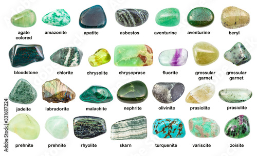 collection of various green gemstones with names