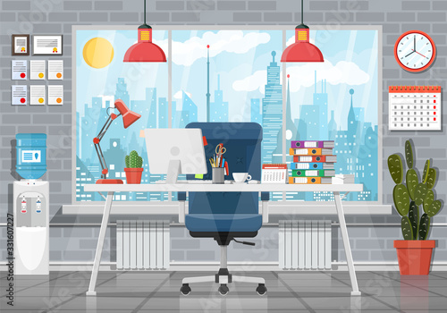Office building interior. Desk with computer, chair, lamp, books and document papers. Water cooler, cactus, clock, window and cityscape. Modern business workplace. Vector illustration in flat style