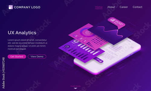 Ui ux analytics isometric landing page, mobile phone dashboard graphs and data analysis layout charts. Mobile app user experience interface development, gadget software design, 3d vector web banner