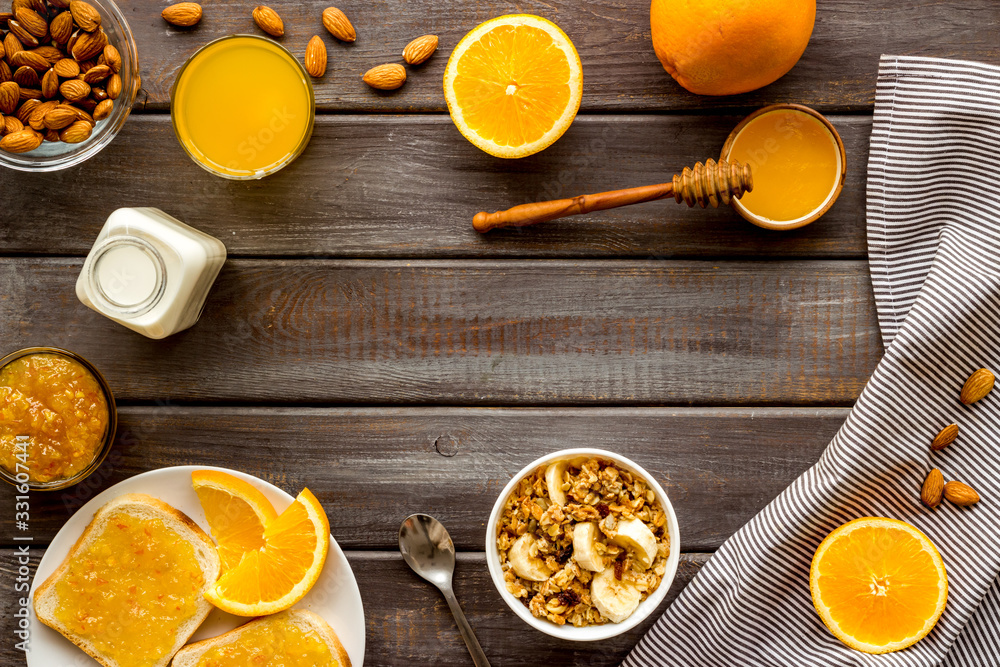 Breakfast with granola mockup on wooden background top-down copy space Breakfast with granola mockup on wooden background top-down copy space