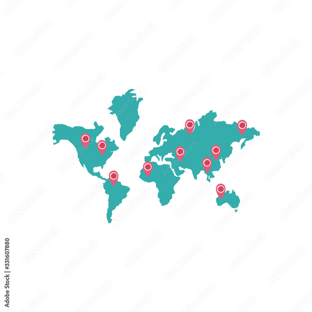 world map with location pin with covid 19 virus icon, flat style
