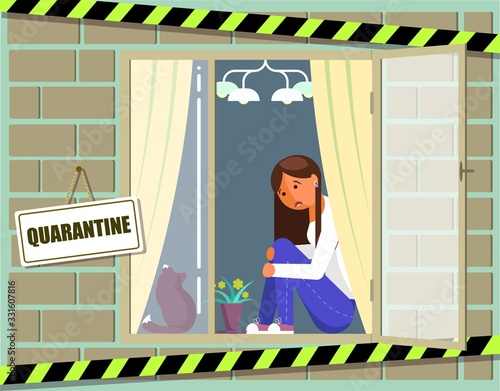 Home quarantine virus epidemic vector poster. Young girl in self isolation. Coronavirus respiratory disease prevention and awareness. Woman fell sick from corona virus and stay at home.