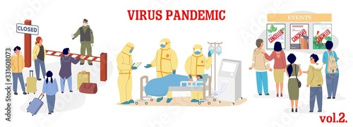 Virus epidemic vector illustration. Coronavirus respiratory disease prevention. Closed borders, ICU room and doctors in protective suits, quarantine and canceled events. Corona virus pandemic.
