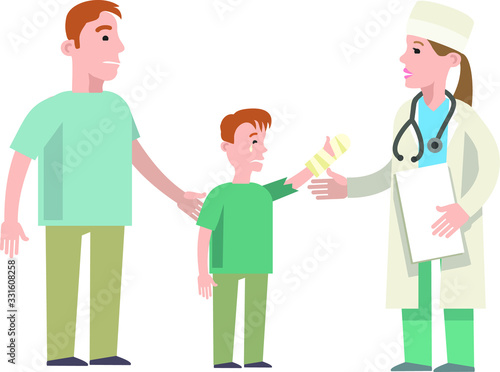 Dad and child came to the doctor for an appointment. A doctor in a medical uniform examines a boy with a broken arm. Flat vector illustration.