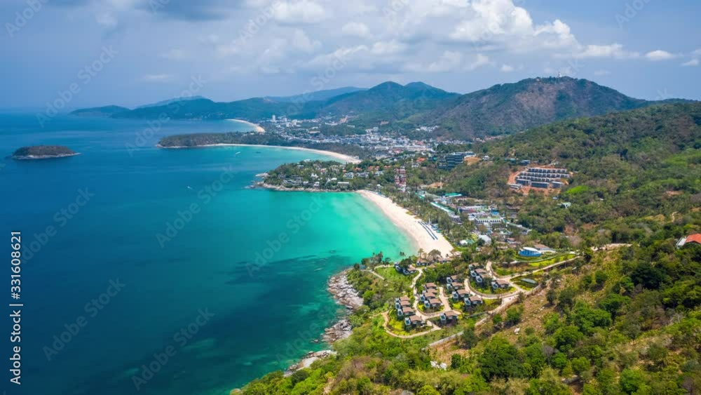 Aerial hyperlapse of the coast of Phuket island in Thailand. Flight over the beaches of Kata Noi, Kata and Karon during the sunny day with clouds in the sky. Timelapse of the tropical island of Phuket Aerial hyperlapse of the coast of Phuket island in Thailand. Flight over the beaches of Kata Noi, Kata and Karon during the sunny day with clouds in the sky. Timelapse of the tropical island of Phuket