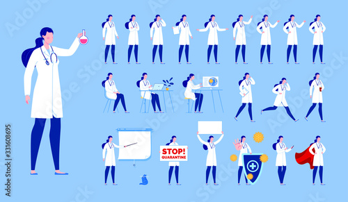 Doctor character creation set with various poses and gestures. Isolated. female doctor.