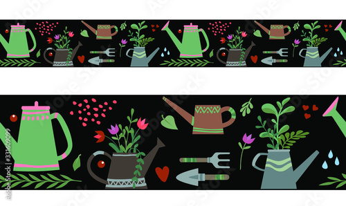 Seamless border, ribbon, gardening, watering can, potted flowers. Spring time vector drawing. Design for duct tape, adhesive tape, wallpaper, textile, dyeing.