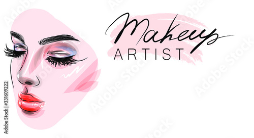 Vector illustration. Beautiful woman with make-up. Cosmetics and makeup. Beauty, personal care industry. Suitable for printing and printing on fabric.