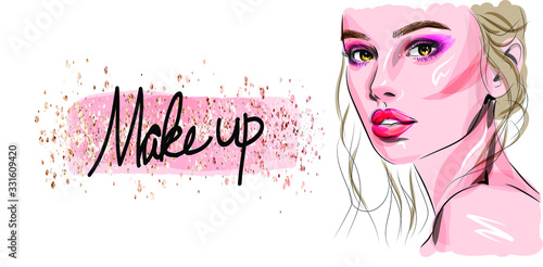 Hand drawn beautiful young woman face sketch. Stylish glamour girl print. Fashion illustration for beauty salon design, makeup artist business card background.