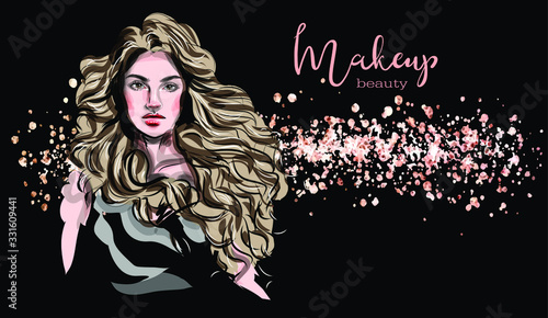 Hand drawn beautiful sketch of the face of a young woman with long hair. Stylish glamorous print. Fashion illustration for beauty salon design, makeup artist business card background.
