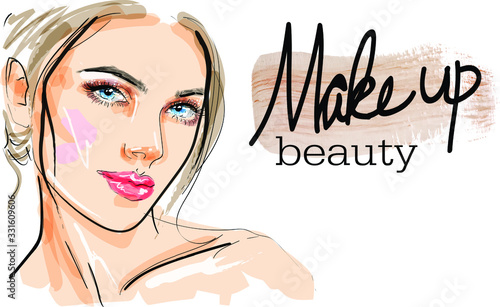Stylish art sketch.  Hand drawn glamour young woman face makeup with beautiful eyes vector. fashion illustration for design. Beautiful face. Fashion makeup. The concept of personal care.