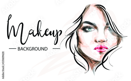 Hand drawn glamour young woman face makeup with beautiful eyes vector fashion illustration for cosmetic products sale banner background design, make up artist business card template.