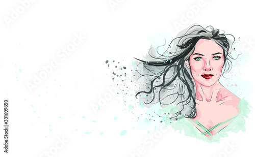 Hand drawn glamour young woman face makeup with beautiful eyes vector fashion illustration for cosmetic products sale banner background design, make up artist business card template.Stylish art sketch