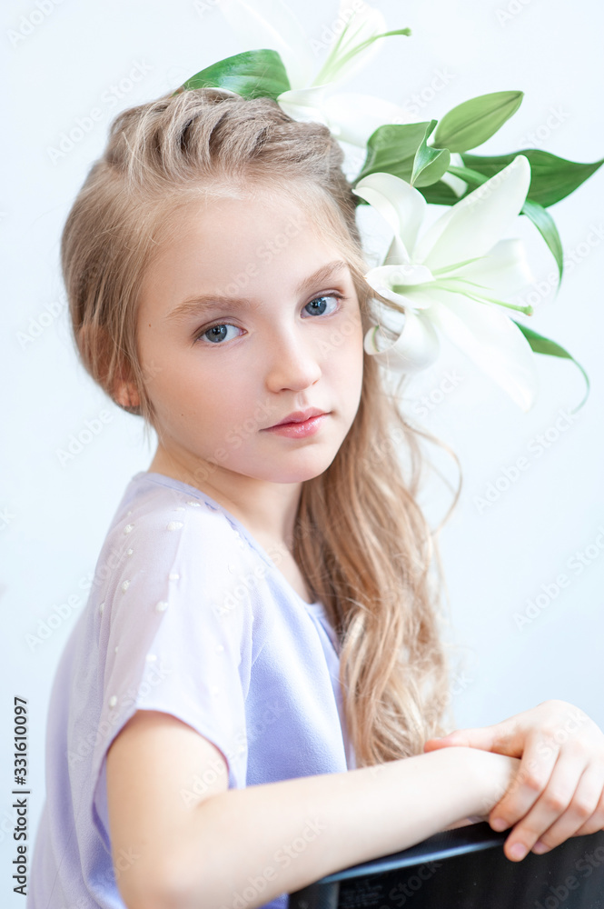 Little girl with flower hairstyle. Isolated. Little girl with flower hairstyle. Isolated.