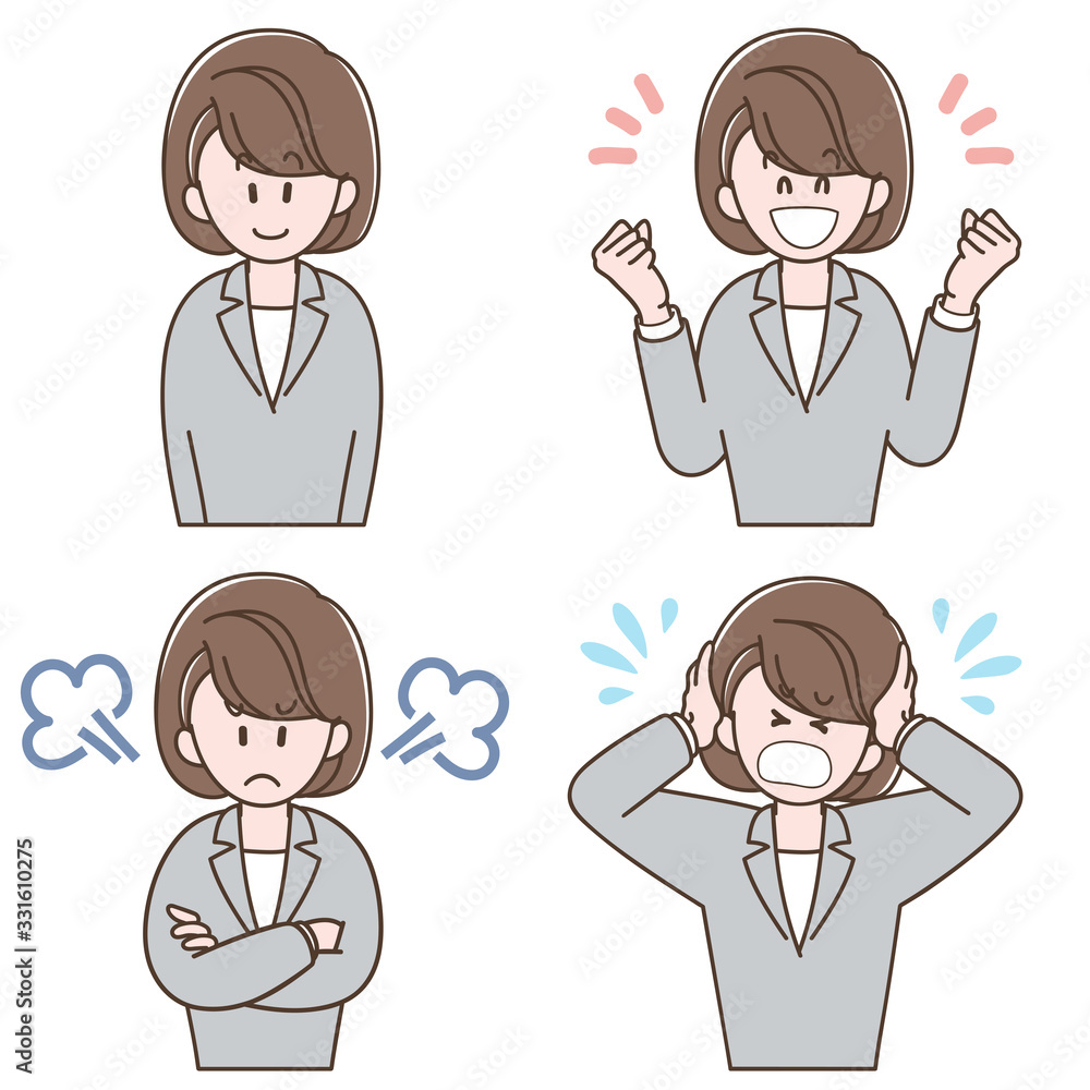 Various facial expression of woman in a suit, Vector illustration set Various facial expression of woman in a suit, Vector illustration set