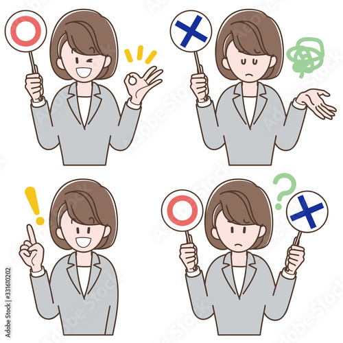 Woman in a suit holding the correct or incorrect answers,Vector illustration set
