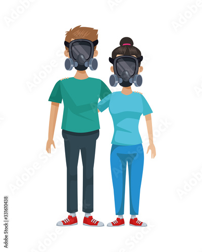 young couple with mask medical equipment