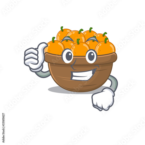 Cool orange fruit basket cartoon design style making Thumbs up gesture