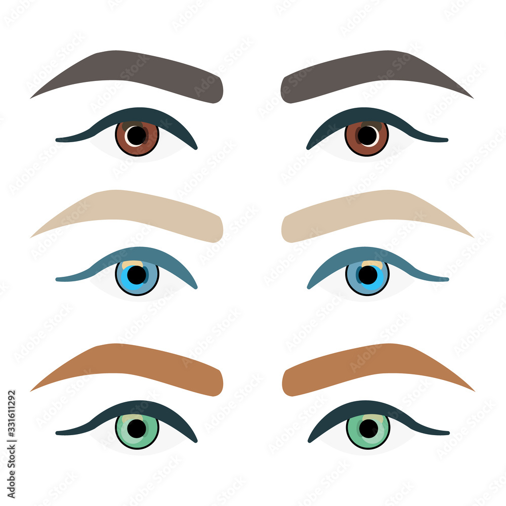 Vector set of illustrations of beautiful female eyes in different colors and eyebrows. Vector set of illustrations of beautiful female eyes in different colors and eyebrows.