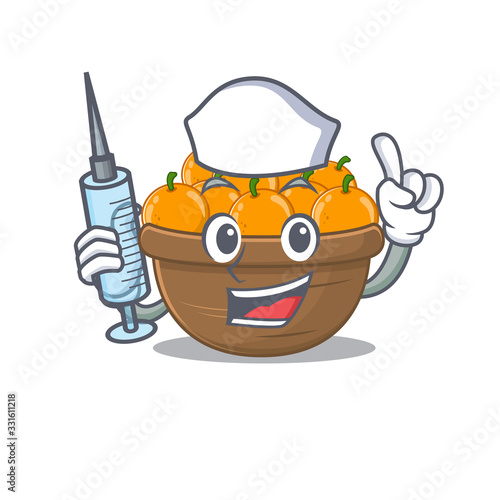 Friendly nurse of orange fruit basket mascot design holding syringe