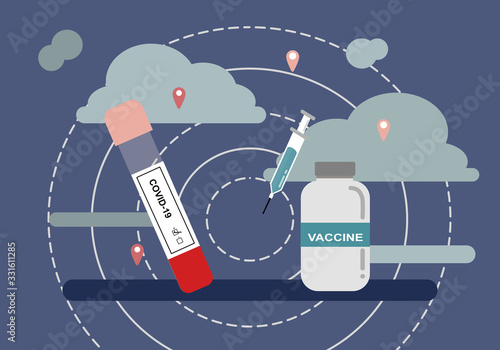  Vector illustration of Vaccine for coronavirus (covid-19). test tube with blood sample for COVID-19 test.