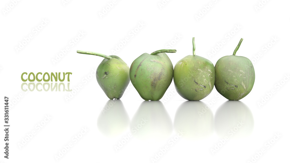 Obraz premium Raw Coconut Set Isolated on White Background with Clipping Path. 3D Render.