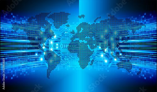 binary circuit board future technology, purple cyber security concept background, abstract hi speed digital internet. world map