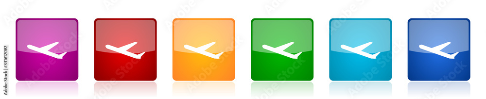 Deparures icon set, colorful square glossy vector illustrations in 6 options for web design and mobile applications