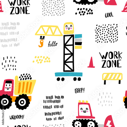 Childish seamless pattern with truck, crane and bulldozer. Creative kids texture for fabric, wrapping, textile, wallpaper, apparel. Vector hand drawn illustration.