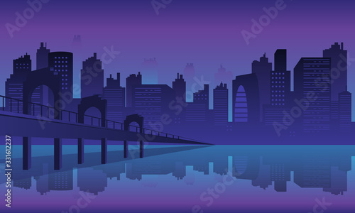 Silhouette of view city in the lake.