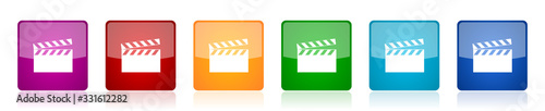 Video icon set, colorful square glossy vector illustrations in 6 options for web design and mobile applications
