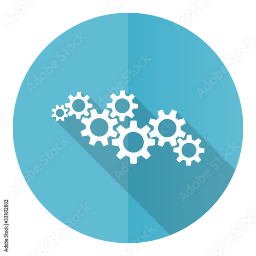 Cogwheel engineering blue round flat design vector icon isolated on white background