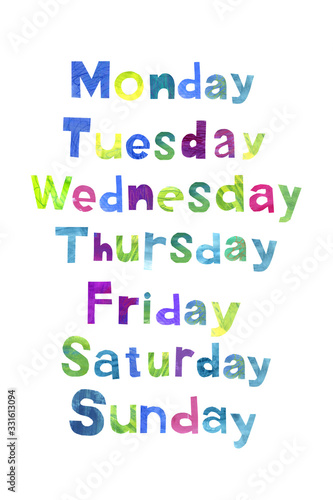 Days of the week are written in English. Lettering paper alphabet kids. Children's letters on a white background.
