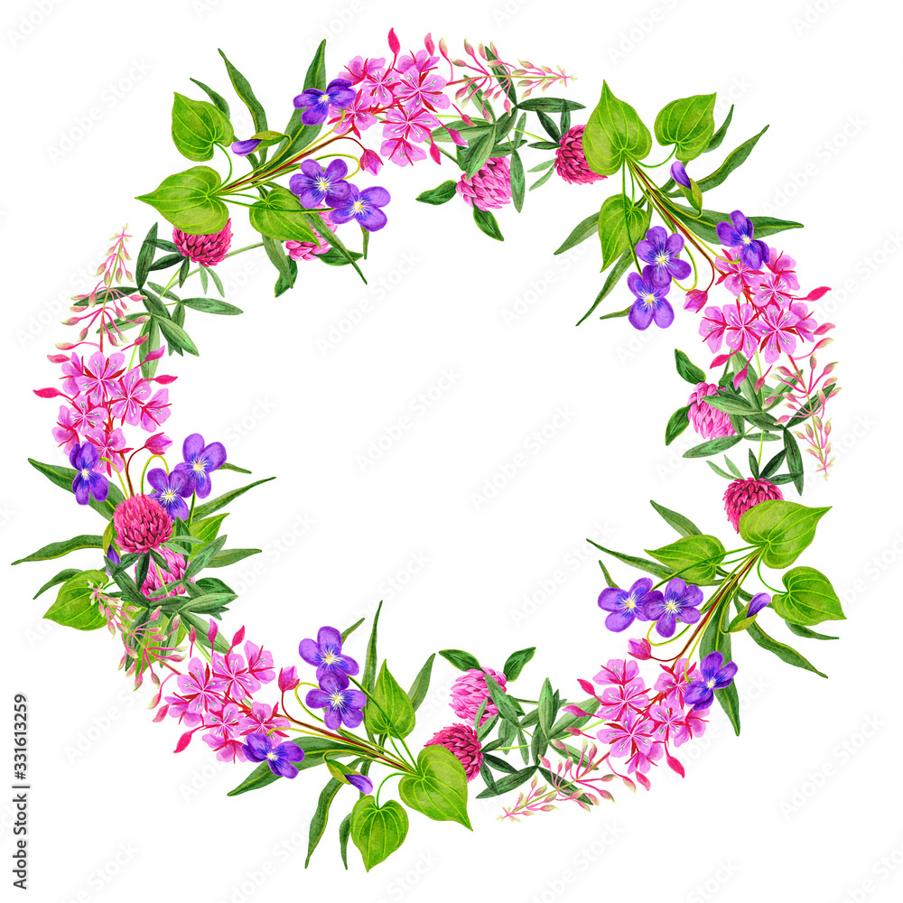 Wild flowers wreath with clover fireweed and viola